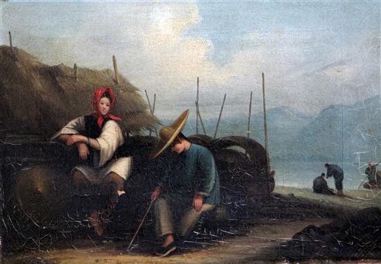 Circle of George Chinnery (1774-1852) Chinese fisherfolk on the shore, 9.75 x 14in., unframed